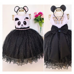 Vestido Infantil Panda Brilho Luxo Laço Acompanha Tiara