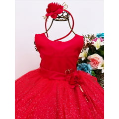 Vestido Infantil Vermelho Brilho Aplique Flor Luxo C/ Tiara