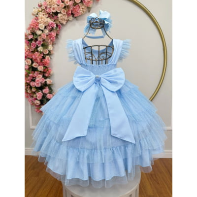 Vestido Infantil Azul Claro Busto C/ Strass Saia Babados Daminhas