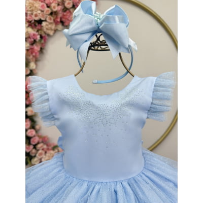 Vestido Infantil Azul Claro Busto C/ Strass Saia Babados Daminhas