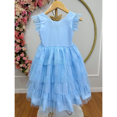 Vestido Infantil Azul Claro Busto C/ Strass Saia Babados Daminhas