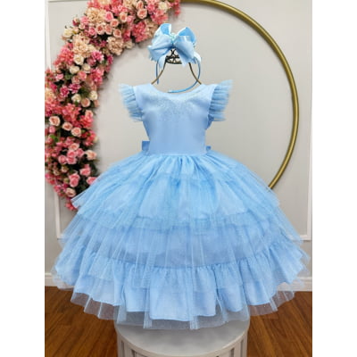 Vestido Infantil Azul Claro Busto C/ Strass Saia Babados Daminhas