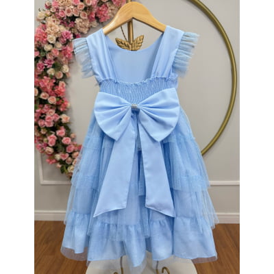 Vestido Infantil Azul Claro Busto C/ Strass Saia Babados Daminhas