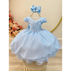 Vestido Infantil Azul Claro C/ Apliques Borboletas Glitter