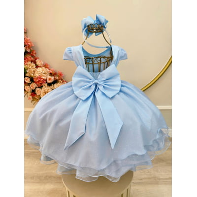 Vestido Infantil Azul Claro C/ Apliques Borboletas Glitter