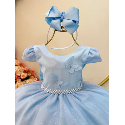 Vestido Infantil Azul Claro C/ Apliques Borboletas Glitter