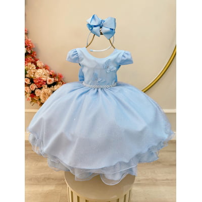 Vestido Infantil Azul Claro C/ Apliques Borboletas Glitter