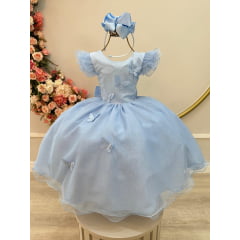 Vestido Infantil Azul Claro C/ Apliques de Borboletas Festas