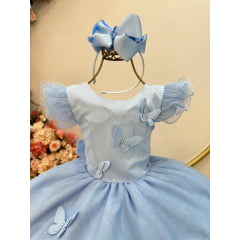 Vestido Infantil Azul Claro C/ Apliques de Borboletas Festas