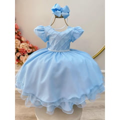 Vestido Infantil Azul Claro C/ Busto Nervura Festas Daminhas