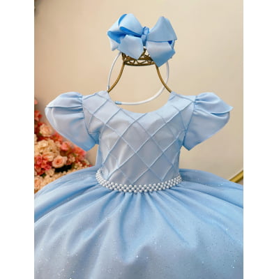 Vestido Infantil Azul Claro C/ Busto Nervura Festas Daminhas