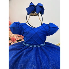 Vestido Infantil Azul Royal C/ Busto Nervura Festas Daminhas