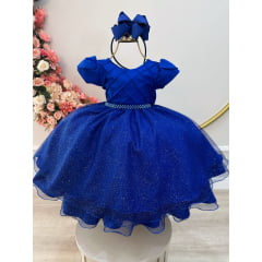 Vestido Infantil Azul Royal C/ Busto Nervura Festas Daminhas