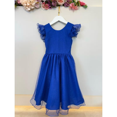 Vestido Infantil Azul Royal C/ Glitter Festas Daminhas Luxo