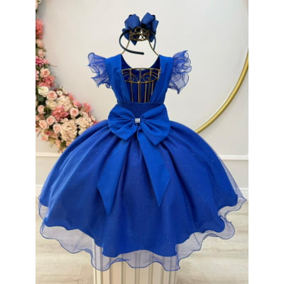 Vestido Infantil Azul Royal C/ Glitter Festas Daminhas Luxo