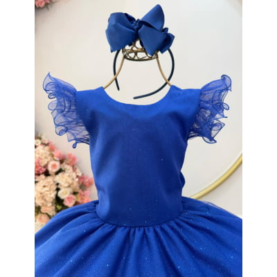 Vestido Infantil Azul Royal C/ Glitter Festas Daminhas Luxo