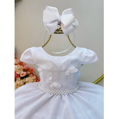 Vestido Infantil Branco C/ Apliques Borboletas Glitter