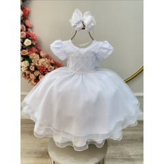 Vestido Infantil Branco C/ Busto Nervura Festas Daminhas