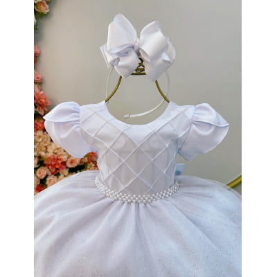 Vestido Infantil Branco C/ Busto Nervura Festas Daminhas