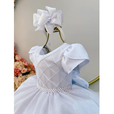 Vestido Infantil Branco C/ Busto Nervura Festas Daminhas