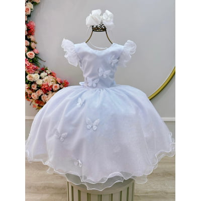 Vestido Infantil Branco Jardim das Borboletas Festas Vestido Infantil Branco Jardim das Borboletas Festas