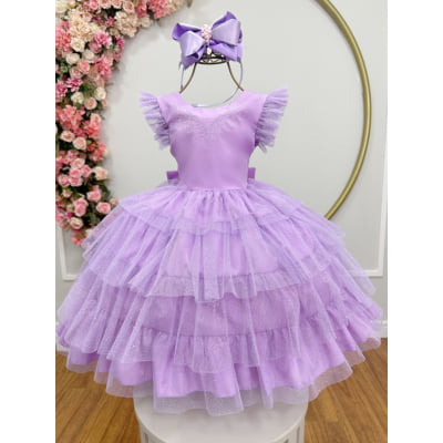 Vestido Infantil Lilás Busto C/ Strass Saia Babados Daminhas