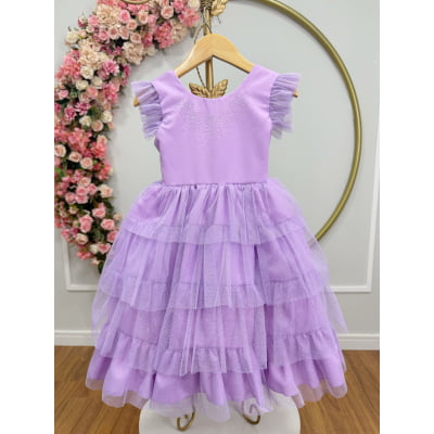 Vestido Infantil Lilás Busto C/ Strass Saia Babados Daminhas