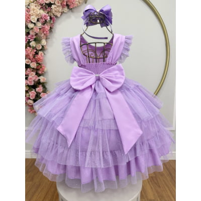 Vestido Infantil Lilás Busto C/ Strass Saia Babados Daminhas