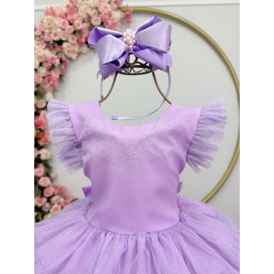 Vestido Infantil Lilás Busto C/ Strass Saia Babados Daminhas