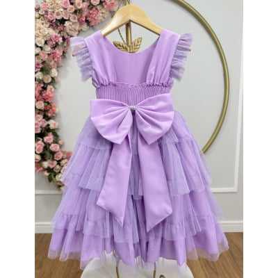 Vestido Infantil Lilás Busto C/ Strass Saia Babados Daminhas