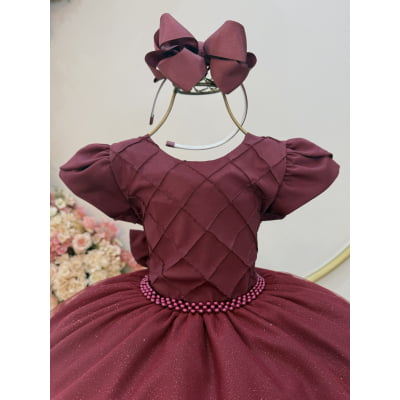 Vestido Infantil Marsala C/ Busto Nervura Festas Daminhas