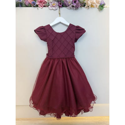 Vestido Infantil Marsala C/ Busto Nervura Festas Daminhas