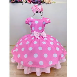 Vestido Infantil Minnie Rosa C/ Bolinhas Brancas Festas