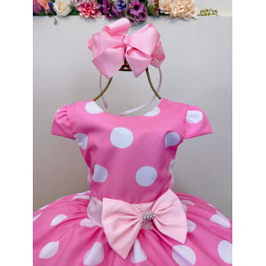 Vestido Infantil Minnie Rosa C/ Bolinhas Brancas Festas