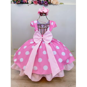 Vestido Infantil Minnie Rosa C/ Bolinhas Brancas Festas