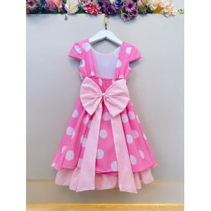 Vestido Infantil Minnie Rosa C/ Bolinhas Brancas Festas