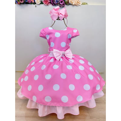 Vestido Infantil Minnie Rosa C/ Bolinhas Brancas Festas