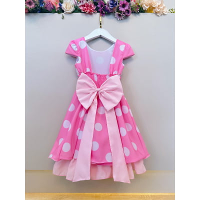 Vestido Infantil Minnie Rosa C/ Bolinhas Brancas Festas