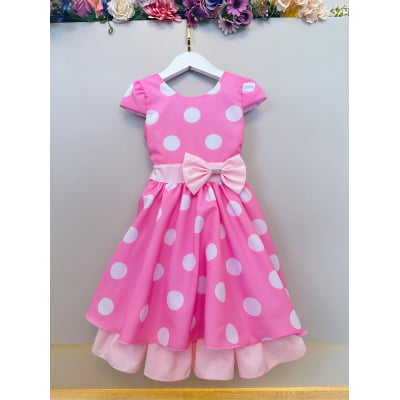 Vestido Infantil Minnie Rosa C/ Bolinhas Brancas Festas