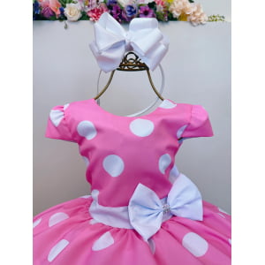 Vestido Infantil Minnie Rosa Com Bolinhas Brancas Festas