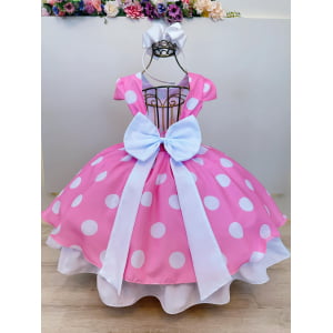 Vestido Infantil Minnie Rosa Com Bolinhas Brancas Festas