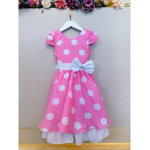 Vestido Infantil Minnie Rosa Com Bolinhas Brancas Festas