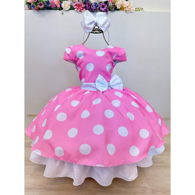 Vestido Infantil Minnie Rosa Com Bolinhas Brancas Festas