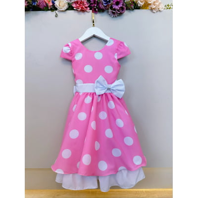 Vestido Infantil Minnie Rosa Com Bolinhas Brancas Festas