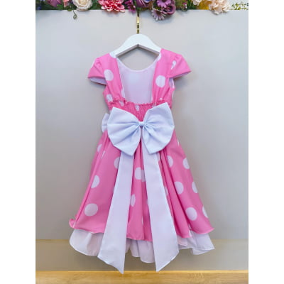 Vestido Infantil Minnie Rosa Com Bolinhas Brancas Festas