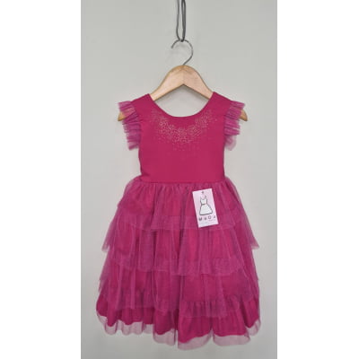 Vestido Infantil Pink Busto C/ Strass Saia Babados Daminhas