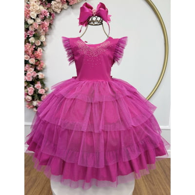 Vestido Infantil Pink Busto C/ Strass Saia Babados Daminhas