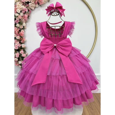 Vestido Infantil Pink Busto C/ Strass Saia Babados Daminhas