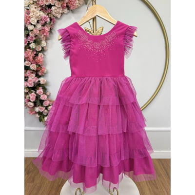 Vestido Infantil Pink Busto C/ Strass Saia Babados Daminhas