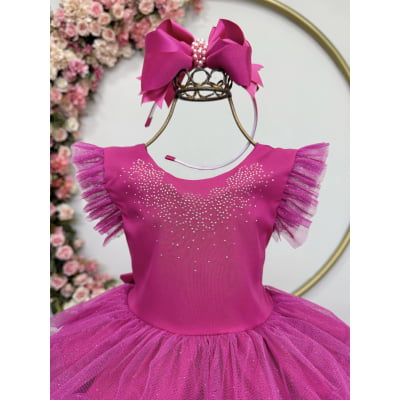 Vestido Infantil Pink Busto C/ Strass Saia Babados Daminhas